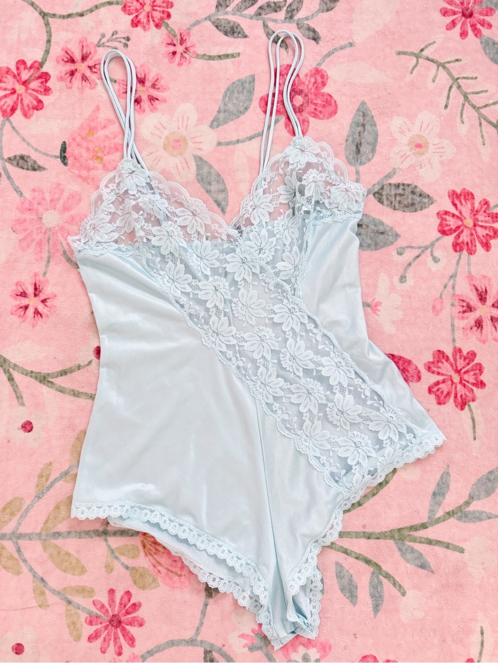 VINTAGE Light Blue Lace-Trim Satin Teddy Bodysuit - Women Intimates